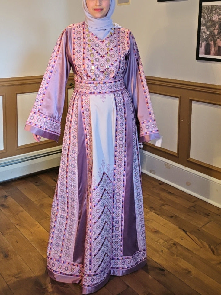 The Nabuls Thobe - Lilac and Beige Traditional Full Tatreez Thobe ( No veil)