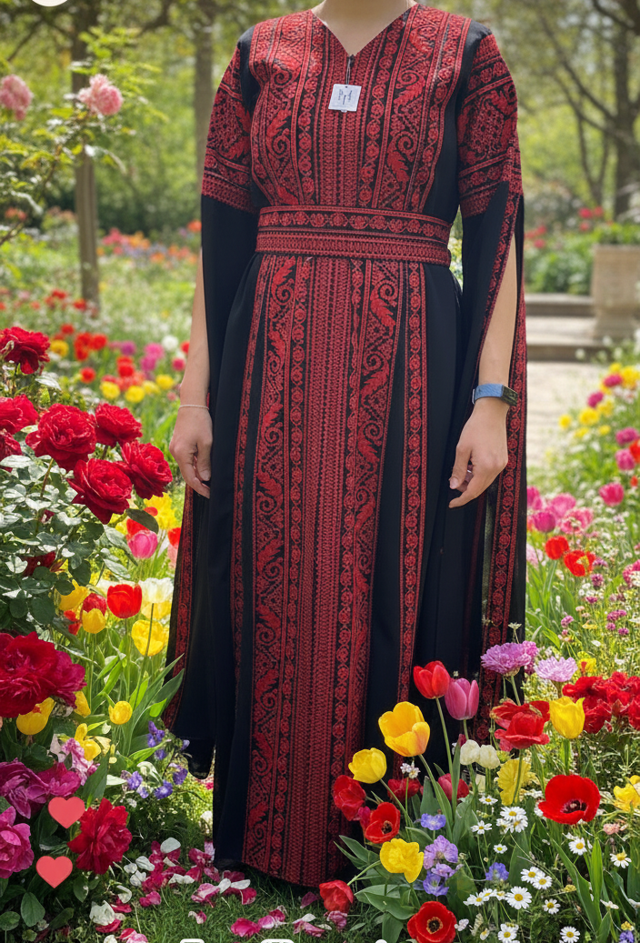 Al Tulkarem Thobe - Black & Red Extra Long Sleeve Full Embroidered Palestinian Thobe (3 pieces)