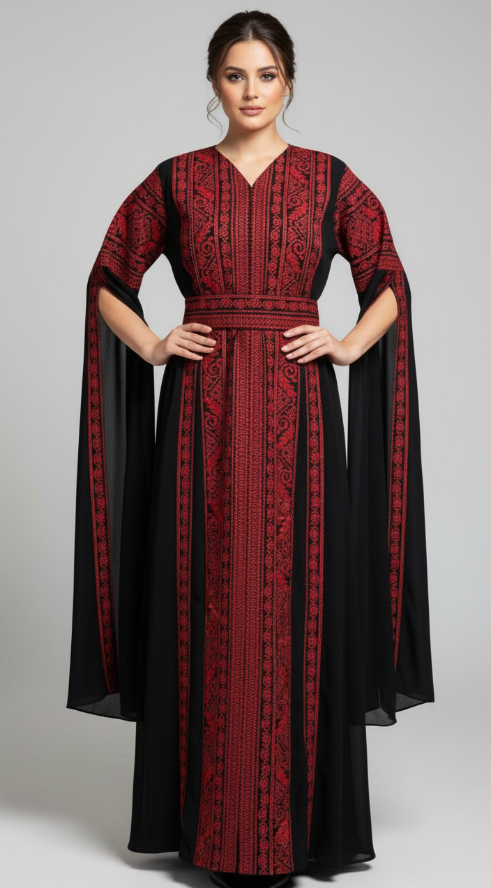Al Tulkarem Thobe - Black & Red Extra Long Sleeve Full Embroidered Palestinian Thobe (3 pieces)