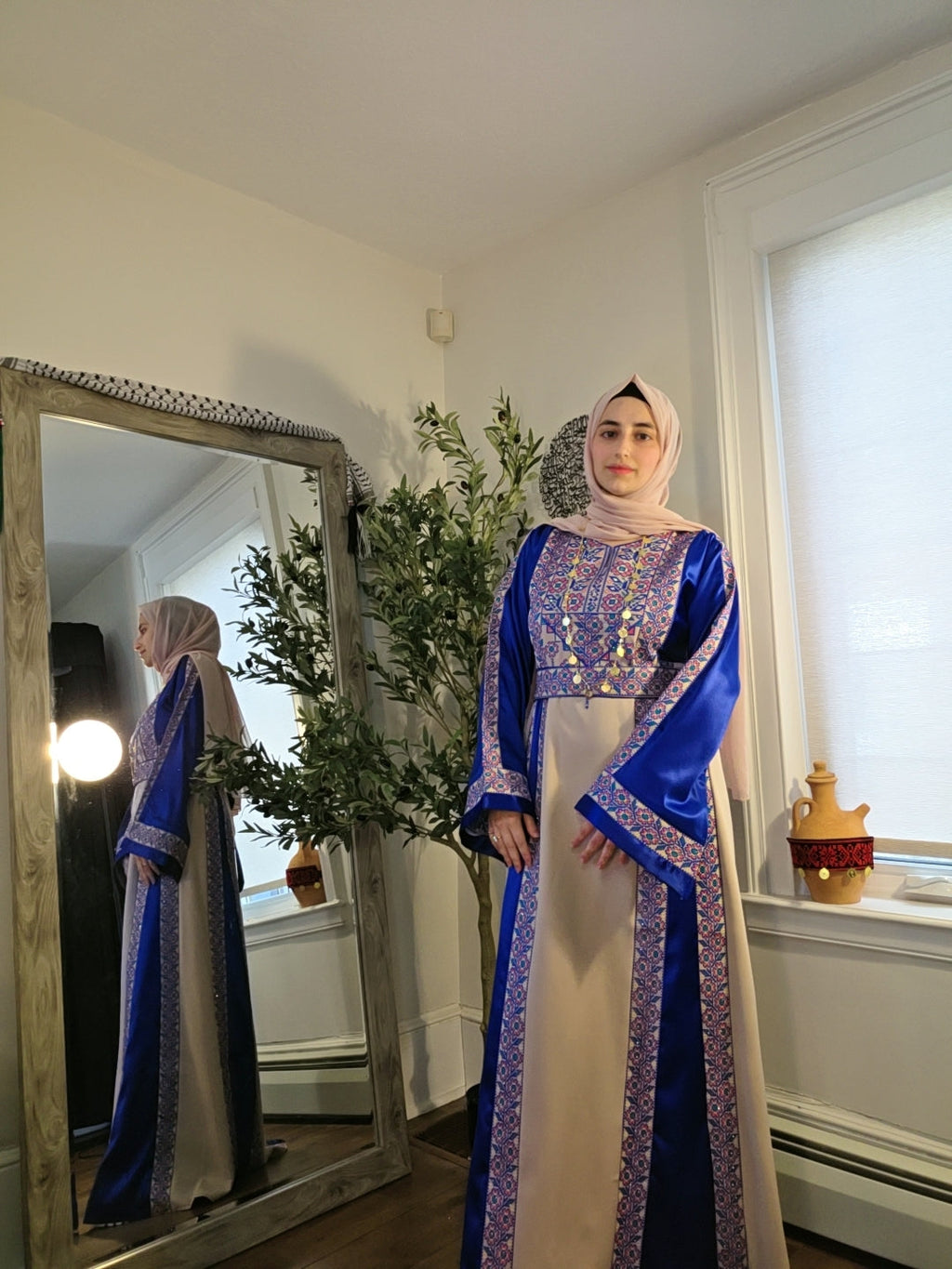 The Poppy Flower Thobe - Bright Blue/Beige With Flowers & Sparkle Traditional Long Sleeve Full Embroidered Palestinian Thobe/Dress