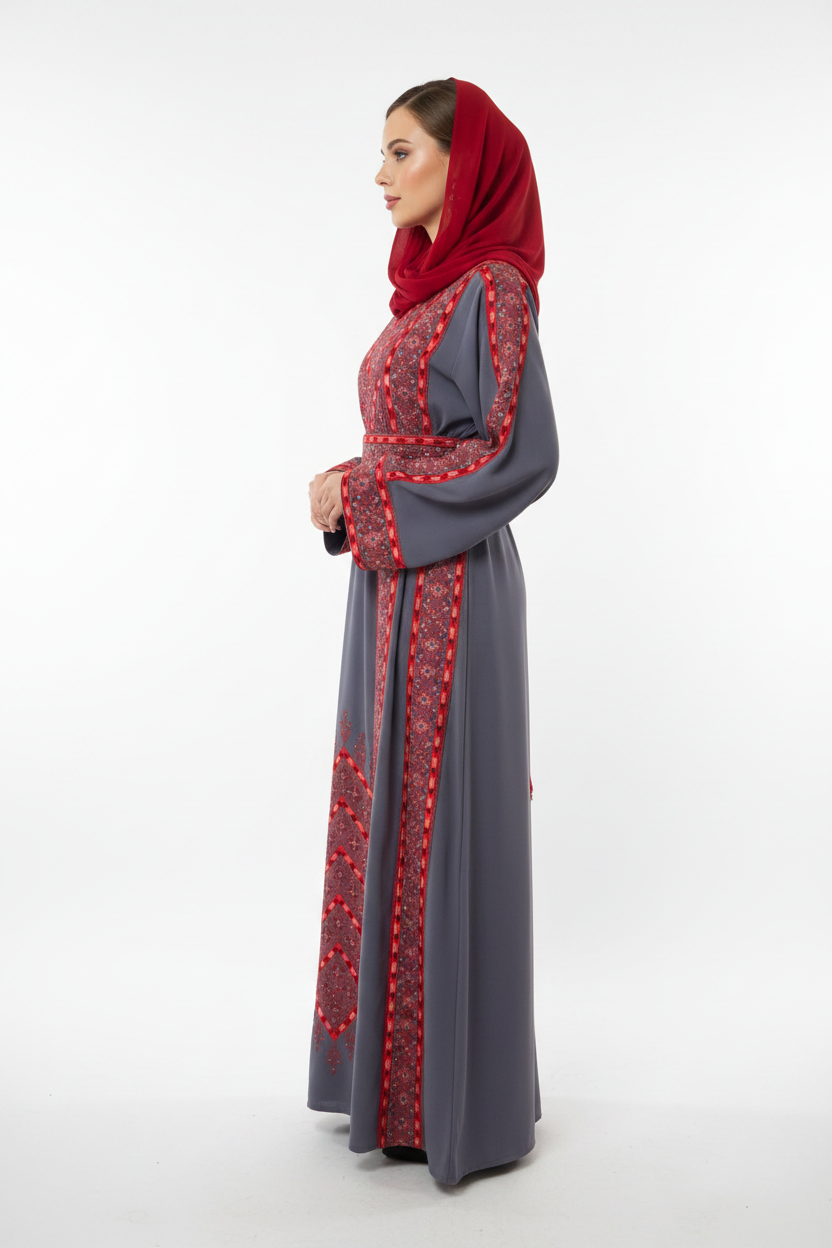 The Nablus Thobe - Orange & Grey Traditional Palestinian Full Tatreez Back and Front Thobe/ Dress