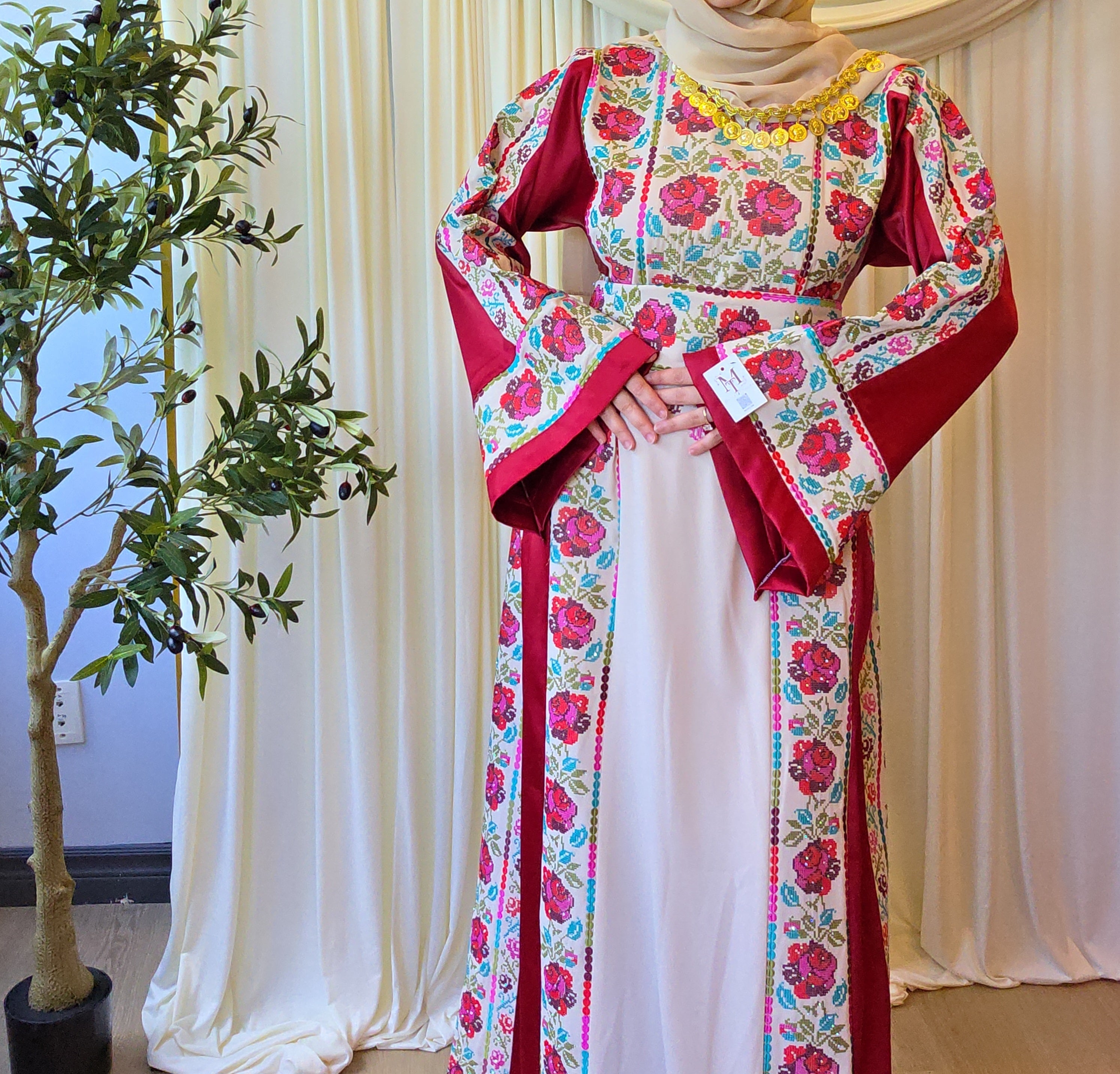 The Warda Thobe - Burgundy Traditional Full Tatreez Back and Front With Satin Thobe