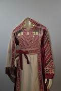 Naya Thobe - Red and White Embroidered Tatreez Thobe with Matching Head Veil (Palestinian Thobe/ Dress))