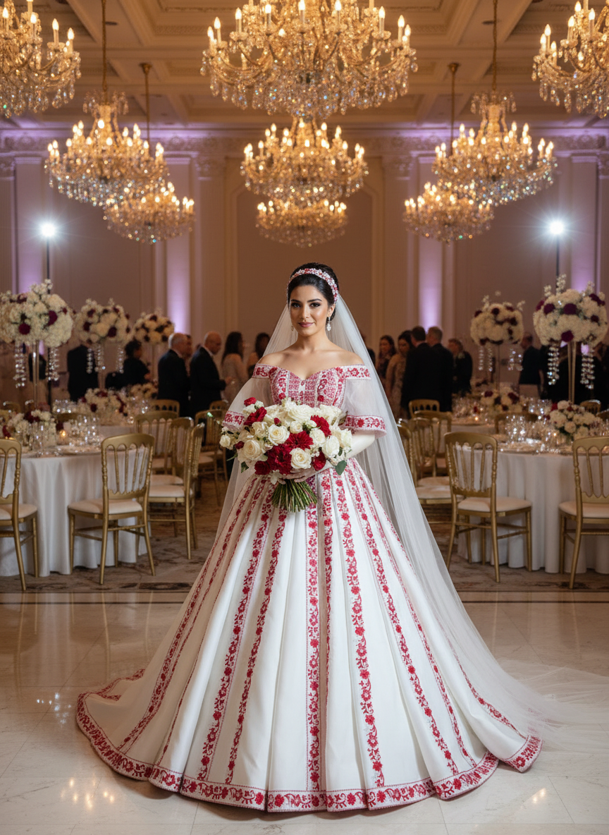 'The Haya Bridal Henna Red & White Wedding Thobe/Gown ( 4 Pieces)