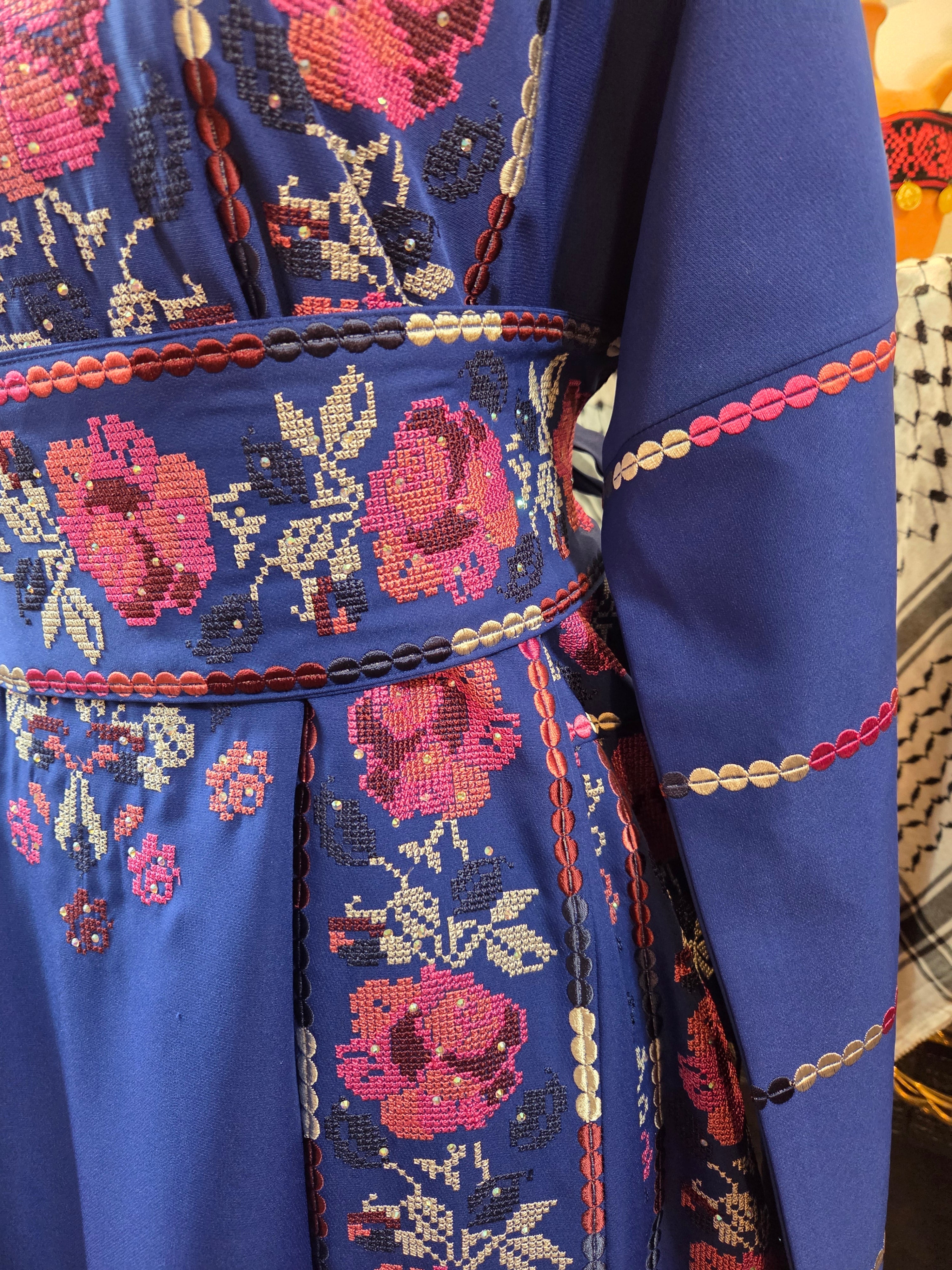 Warda Thobe - Full Blue Traditional Full Tatreez Back and Front With Satin Thobe