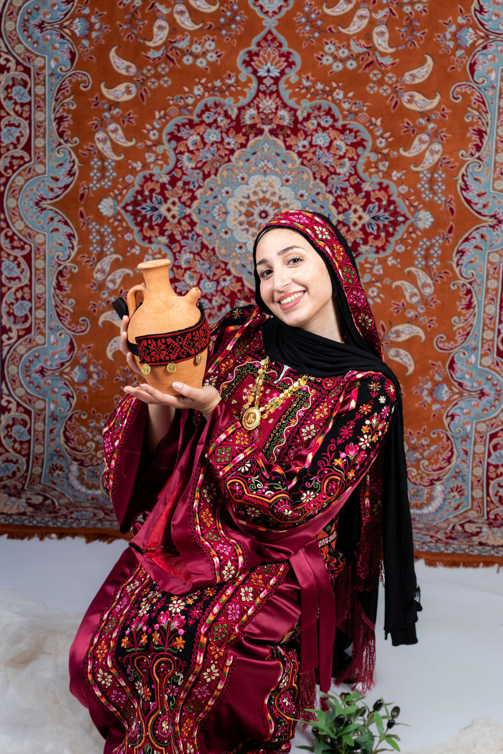 The Diana Thobe - Black & Burgundy Diamond Traditional Full Tatreez Back and Front Thobe With Matching Head Veil