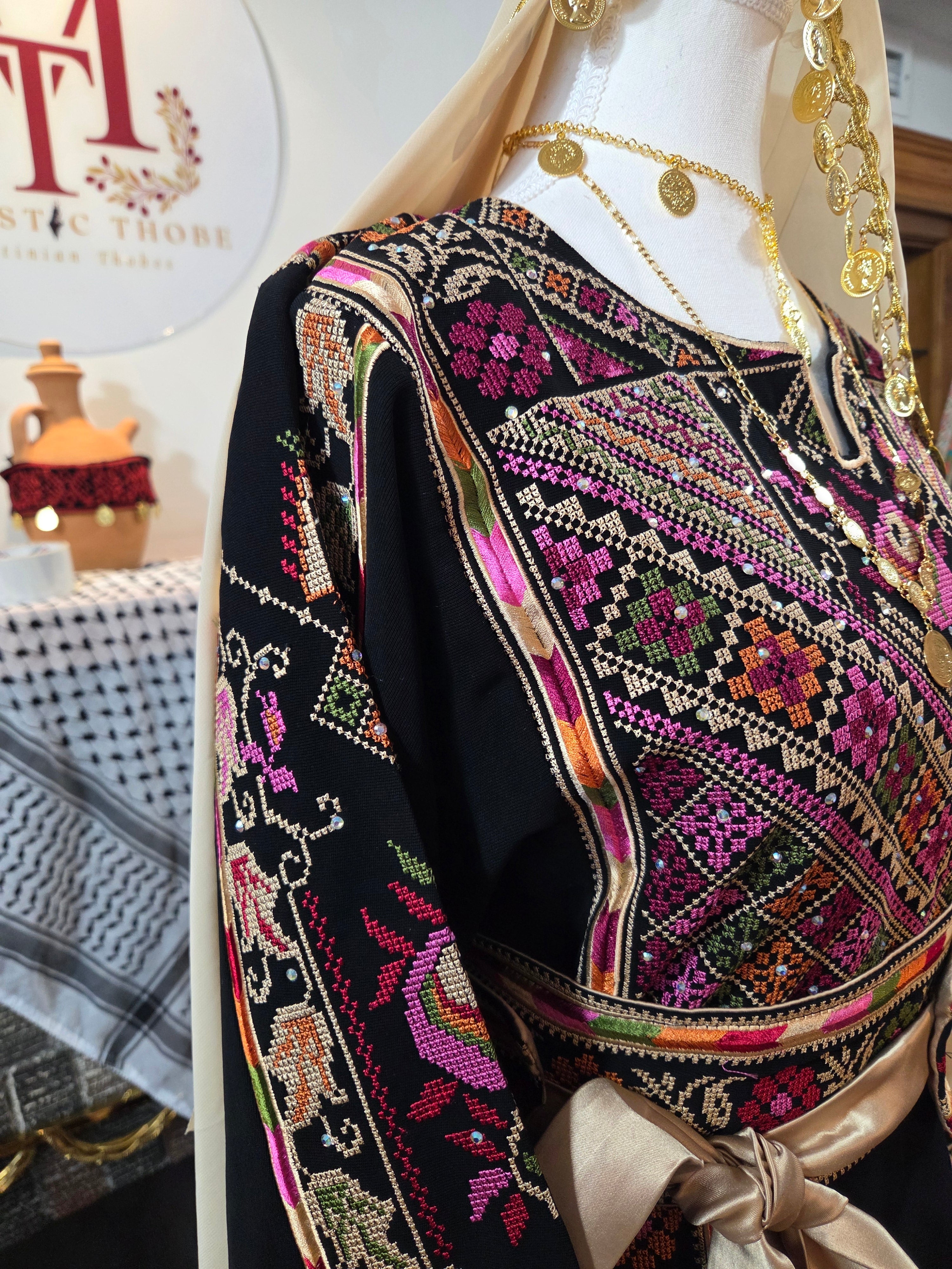 Tulip Thobe - Black Flower Traditional Full Tatreez Back and Front Palestinian Thobe