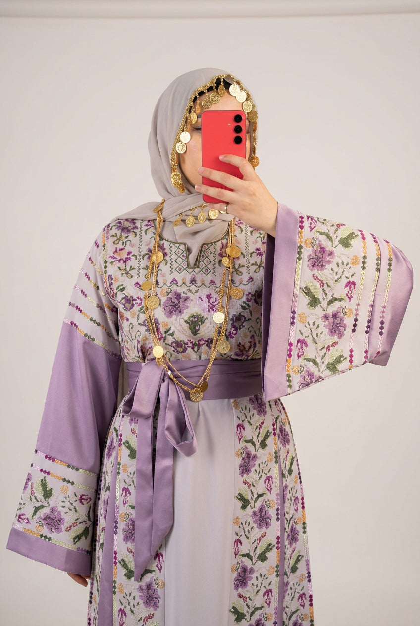 The Lelia Thobe - Luxurious | Lilac & Beige | Palestinian Tatreez Thobe/Dress