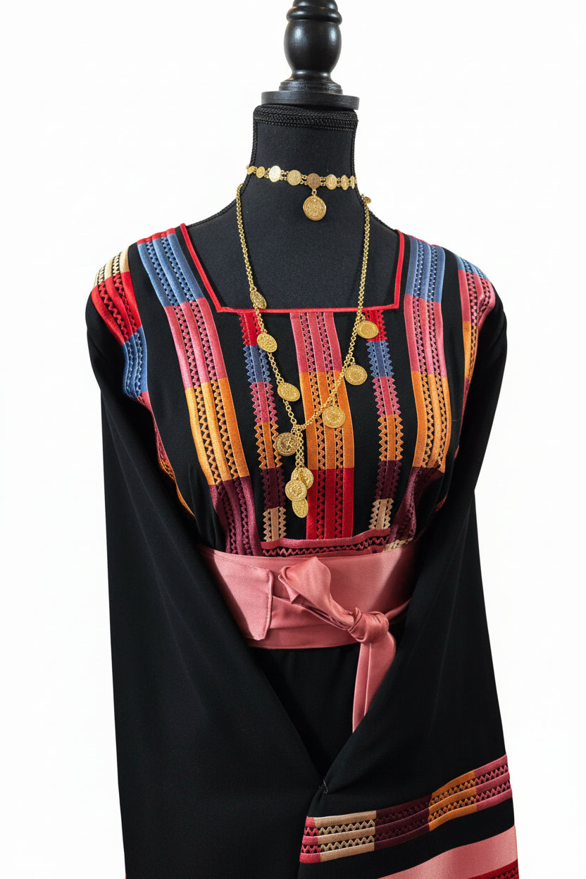 The Lara Thobe - Multicolor Satin Pink Sleeve Thobe Tatreez Thobe