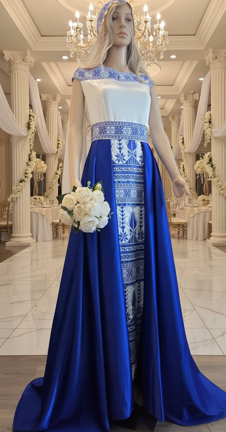 The Yaffa Thobe - Henna Blue and White Tatreez Bridal Sleeveless Long Train Thobe dress