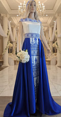 The Yaffa Thobe - Henna Blue and White Tatreez Bridal Sleeveless Long Train Thobe dress