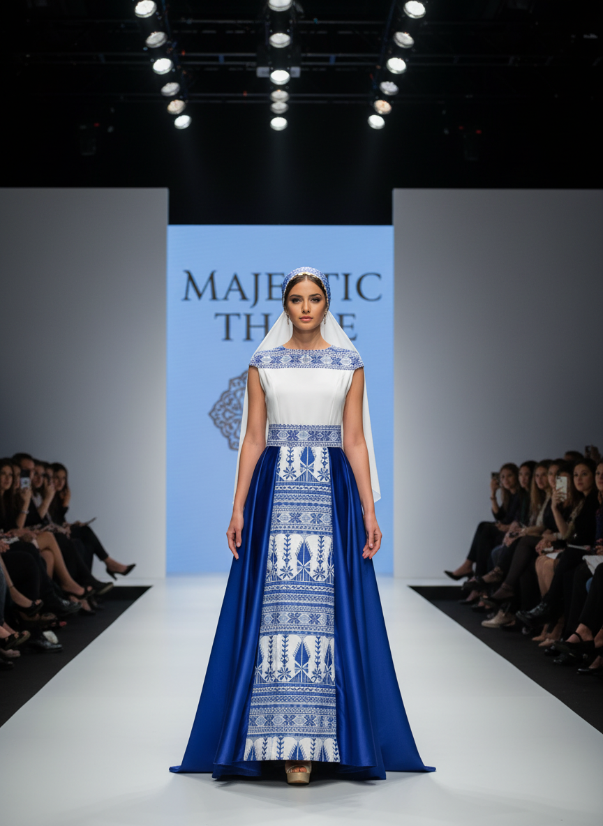 The Yaffa Thobe - Henna Blue and White Tatreez Bridal Sleeveless Long Train Thobe dress