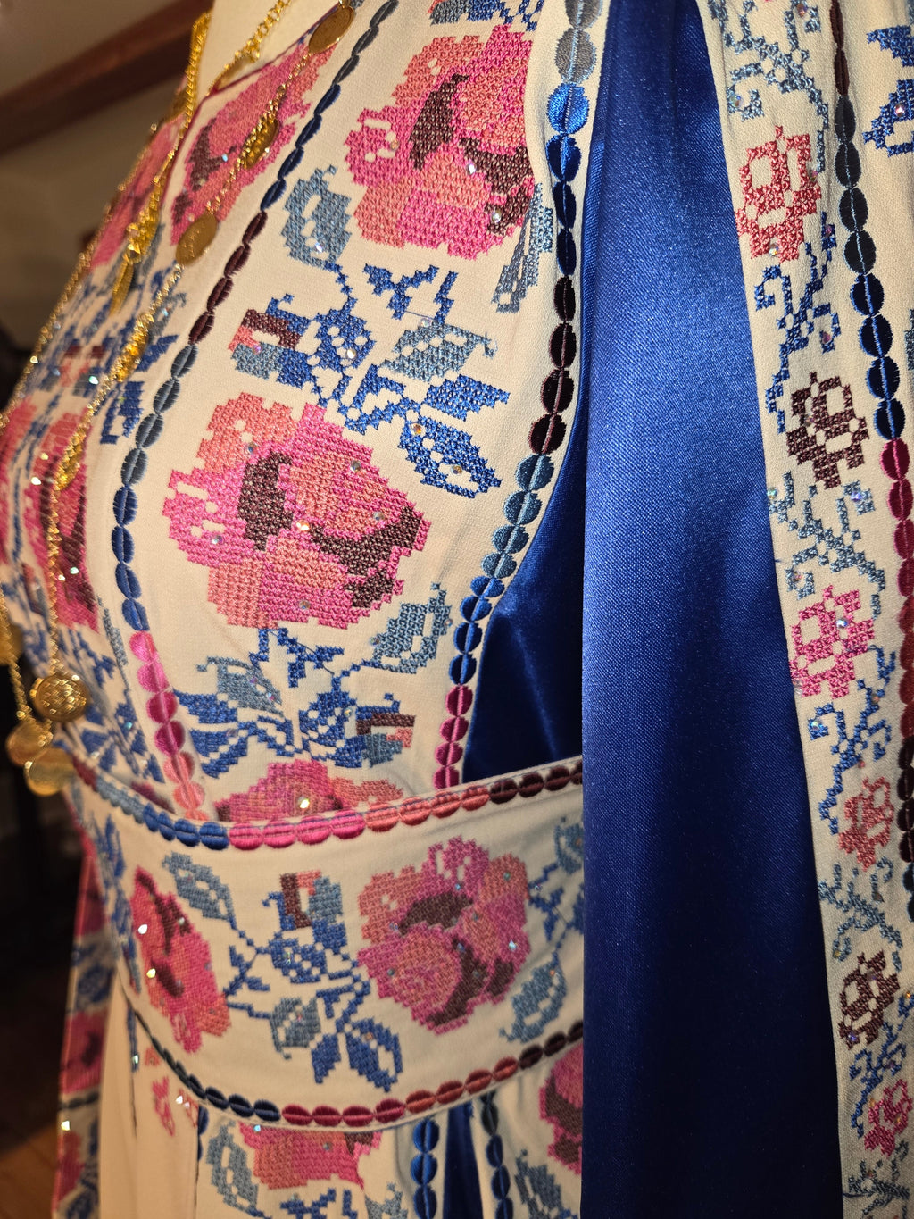 Warda Thobe - Blue & Pink Traditional Full Tatreez Back and Front With Satin Thobe