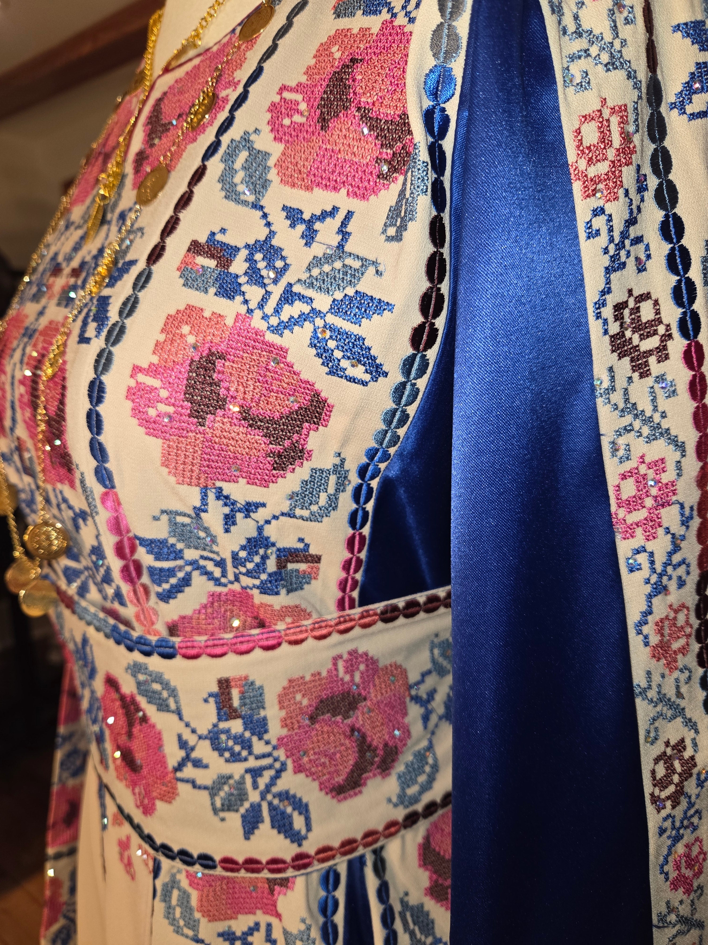 Warda Thobe - Blue & Pink Traditional Full Tatreez Back and Front With Satin Thobe