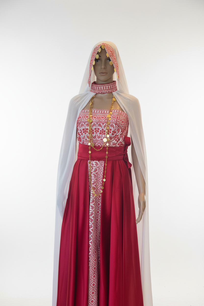 The Rafah - Red & White Modern Strapless Full Tatreez Thobe ( 4 Pieces)