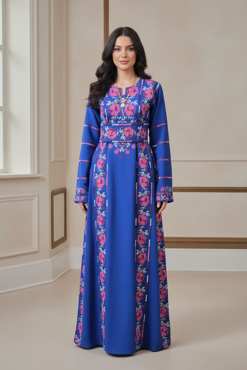Warda Thobe - Full Blue Traditional Full Tatreez Back and Front With Satin Thobe