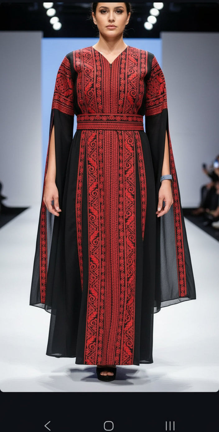 Al Tulkarem Thobe - Black & Red Extra Long Sleeve Full Embroidered Palestinian Thobe (3 pieces)