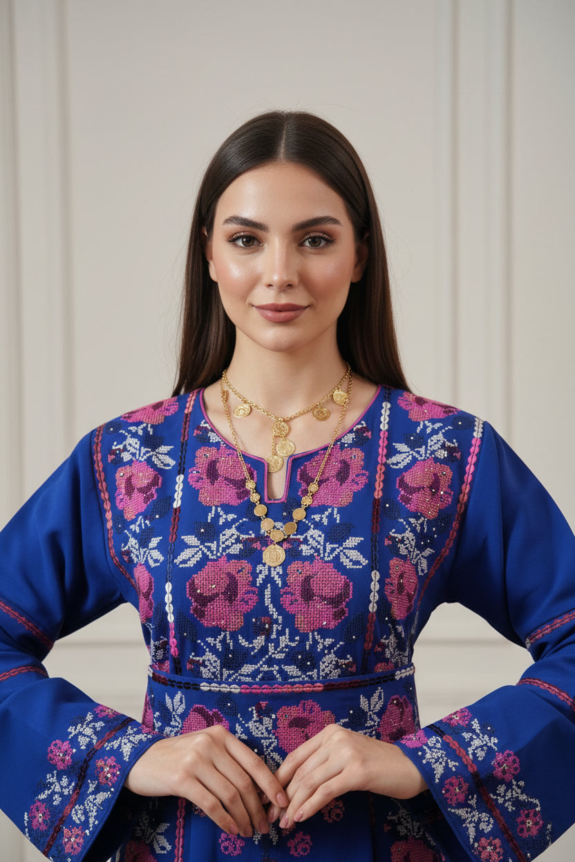 Warda Thobe - Full Blue Traditional Full Tatreez Back and Front With Satin Thobe