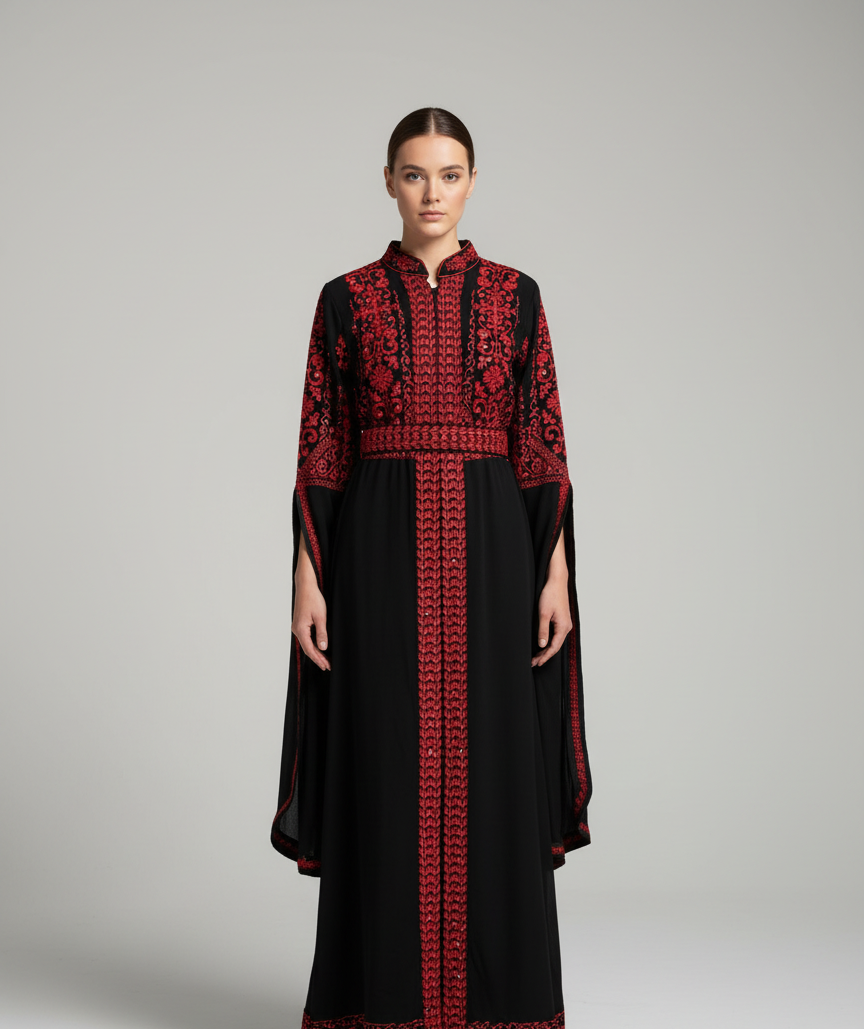 The Gaza Thobe - Red & Black Extra Long Sleeves Full Top Embroidery & Zipper Thobe (3 pieces)