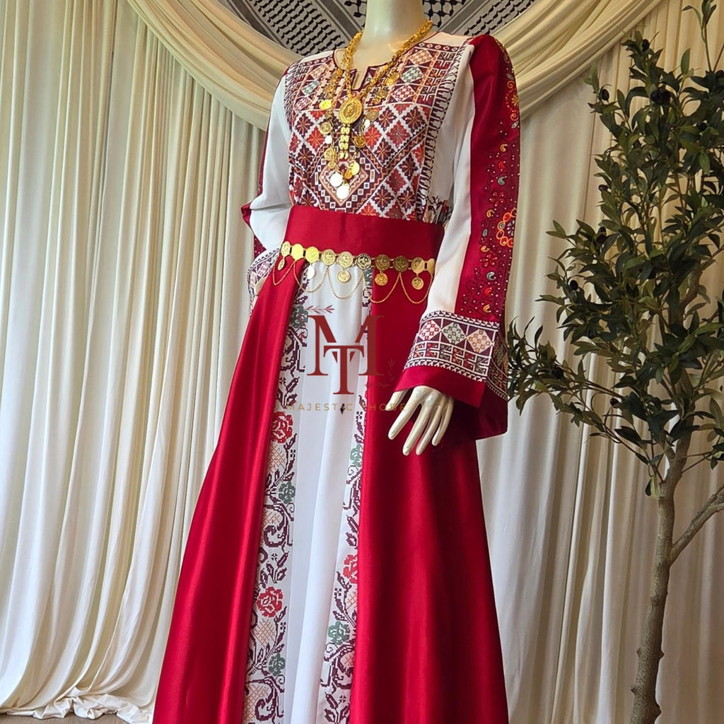 The Nisma Thobe - Bridal White and Red Traditional Full tatreez Back and Front Thobe With Matching Head Veil