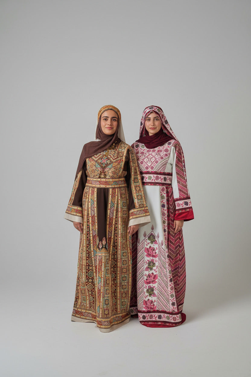 The Shaima Thobe - Brown & Beige Traditional Full Tatreez Back and Front Thobe With Matching head Veil