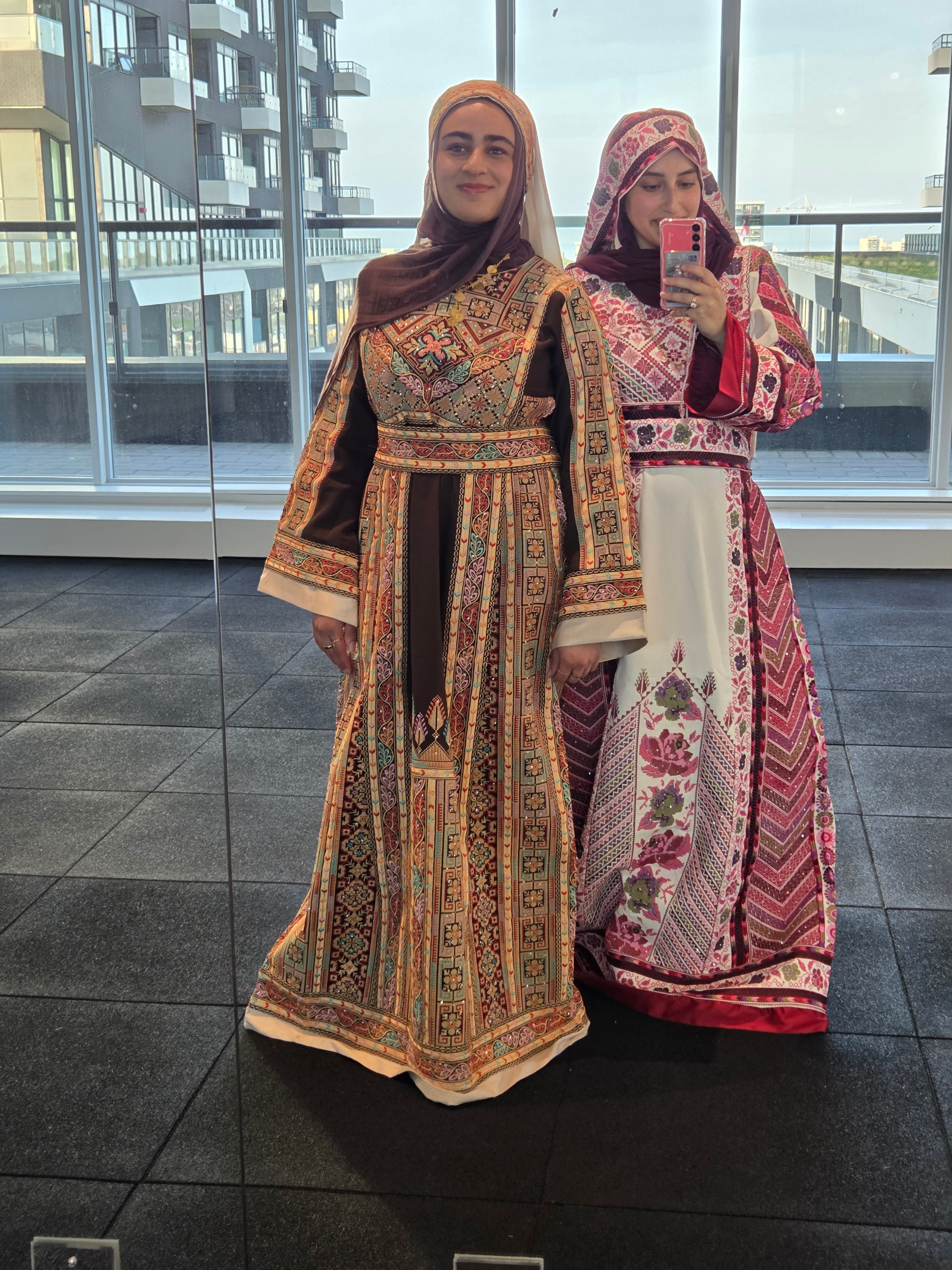 The Shaima Thobe - Brown & Beige Traditional Full Tatreez Back and Front Thobe With Matching head Veil