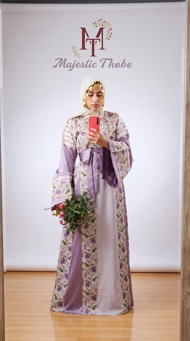 The Lelia Thobe - Luxurious | Lilac & Beige | Palestinian Tatreez Thobe/Dress