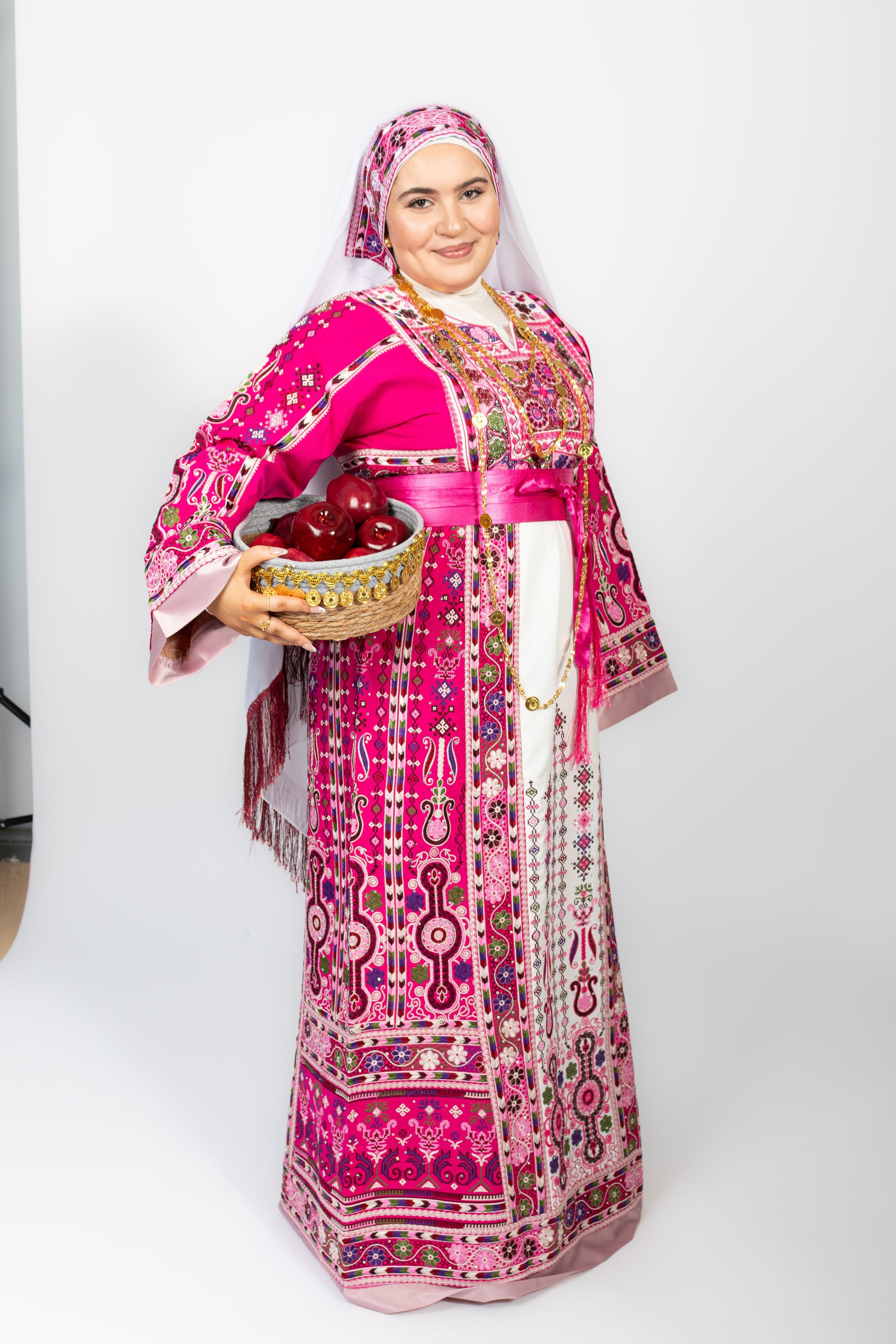 The Lujian Thobe - Hot Pink and White Diamond Traditional Full Tatreez Back and Front Thobe With Matching Head Veil