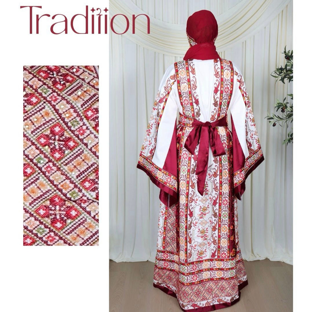The Lamees Thobe - Bridal White and Burgundy Traditional Full tatreez Back and Front Thobe With Matching Head Veil