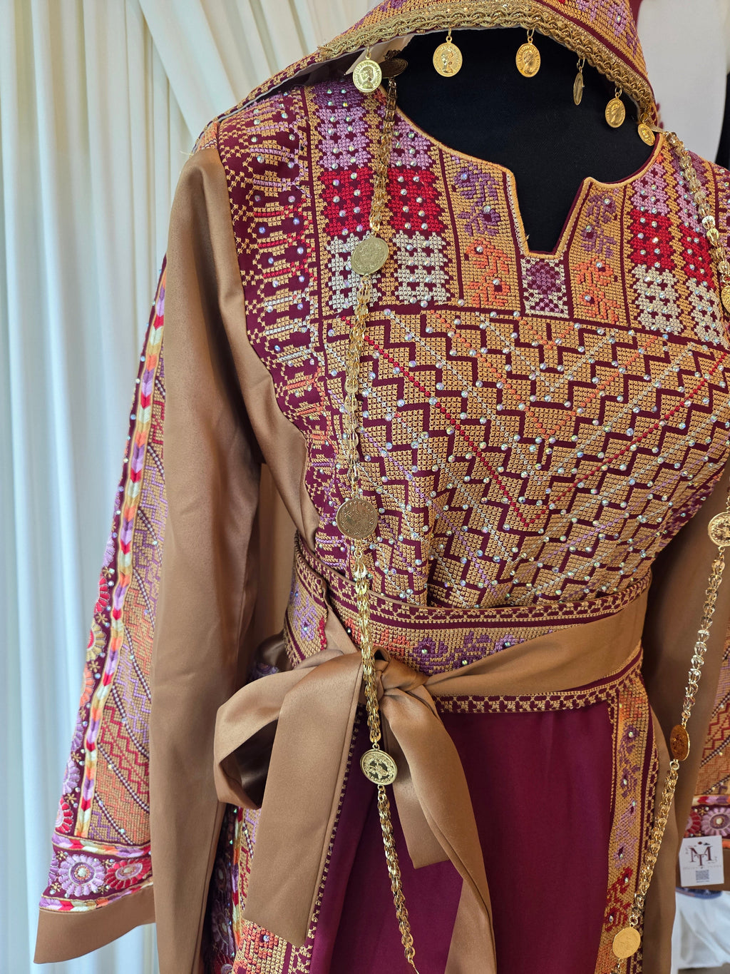 Naya Thobe - Burgundy and Gold Embroidered Tatreez Thobe with Matching Head Veil (Palestinian Thobe/ Dress)