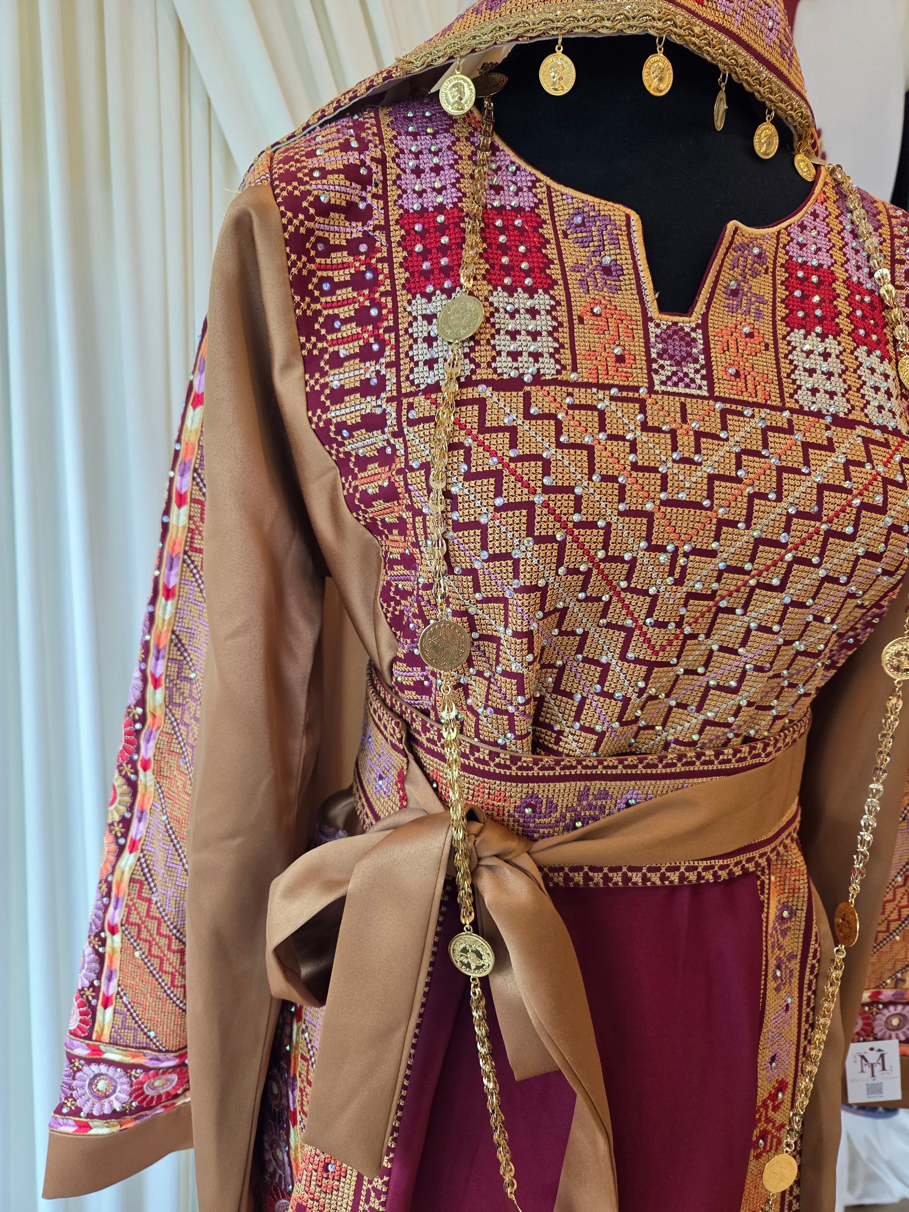 Naya Thobe - Burgundy and Gold Embroidered Tatreez Thobe with Matching Head Veil (Palestinian Thobe/ Dress)