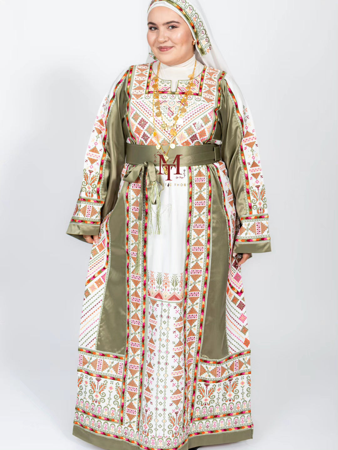 The Ella Thobe -  Green & White Diamond Traditional Full Tatreez Back and Front Thobe With Matching Head Veil