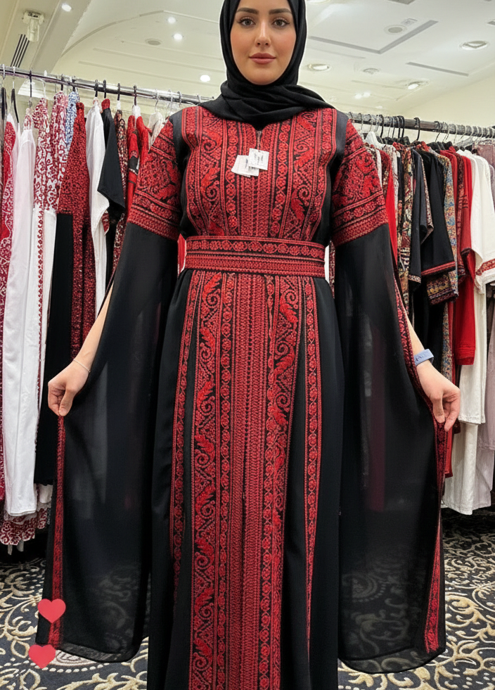 Al Tulkarem Thobe - Black & Red Extra Long Sleeve Full Embroidered Palestinian Thobe (3 pieces)