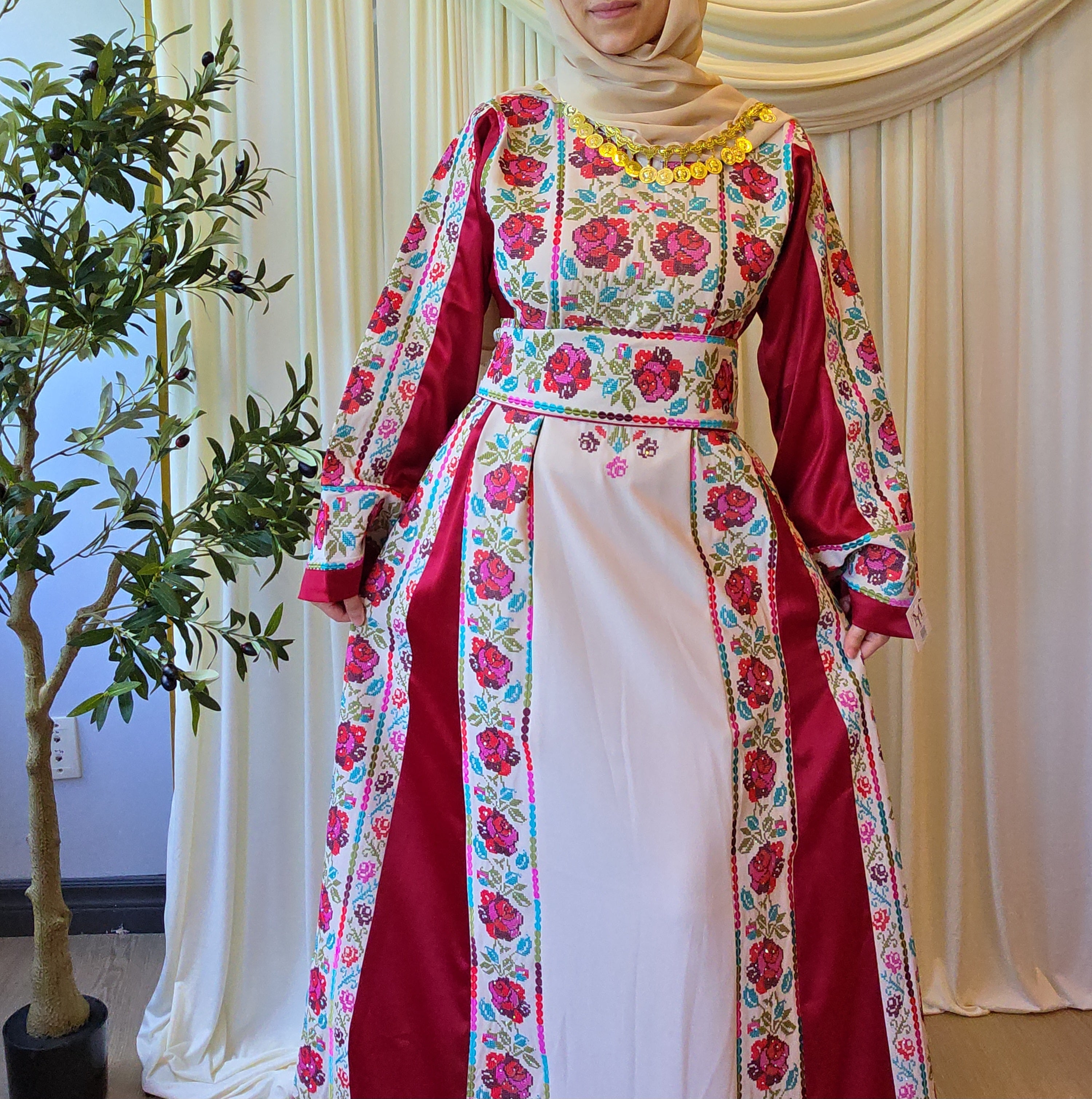 The Warda Thobe - Burgundy Traditional Full Tatreez Back and Front With Satin Thobe