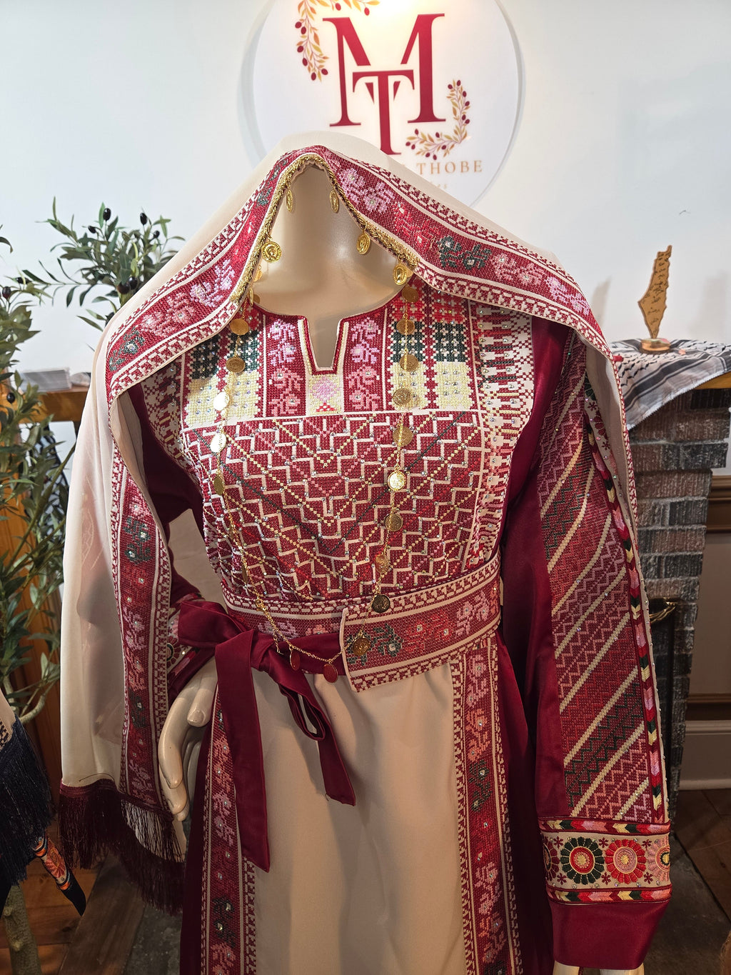 Naya Thobe - Red and White Embroidered Tatreez Thobe with Matching Head Veil (Palestinian Thobe/ Dress))