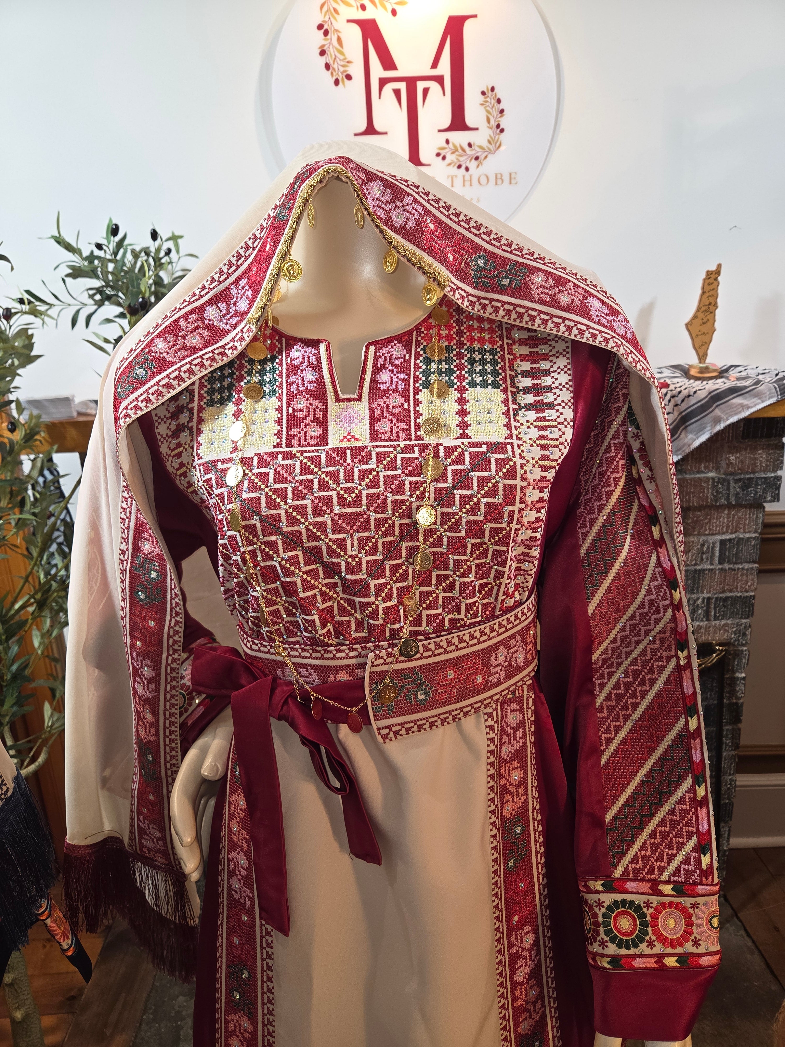 Naya Thobe - Red and White Embroidered Tatreez Thobe with Matching Head Veil (Palestinian Thobe/ Dress))
