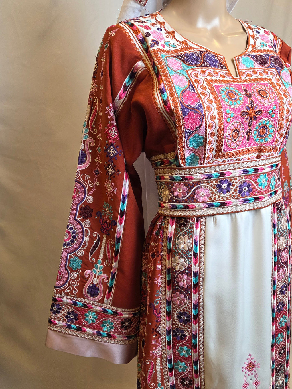The Lujian Thobe - Luxurious | Orange With Pink & White | Palestinian Tatreez Thobe/Dress