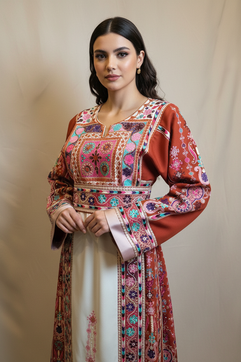The Lujian Thobe - Luxurious | Orange With Pink & White | Palestinian Tatreez Thobe/Dress