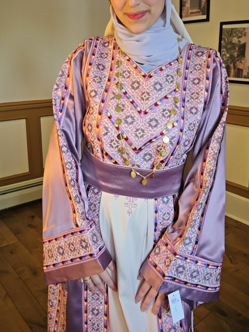The Nabuls Thobe - Lilac and Beige Traditional Full Tatreez Thobe ( No veil)