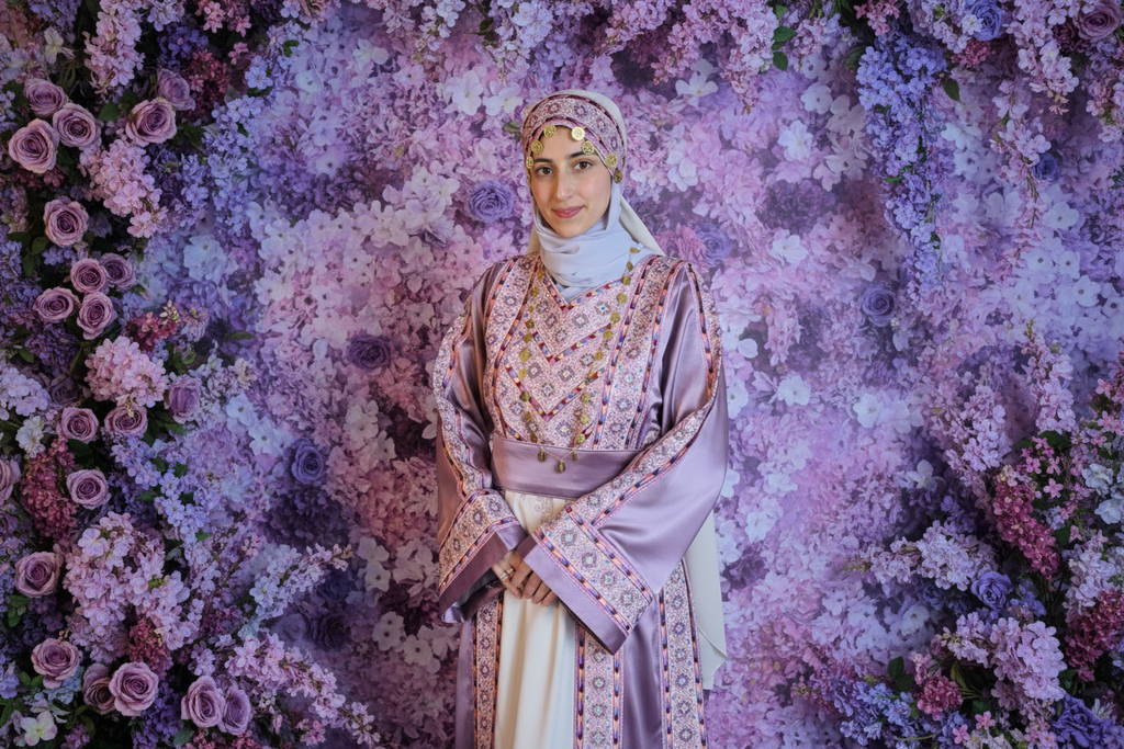 The Nabuls Thobe - Lilac and Beige Traditional Full Tatreez Thobe ( No veil)