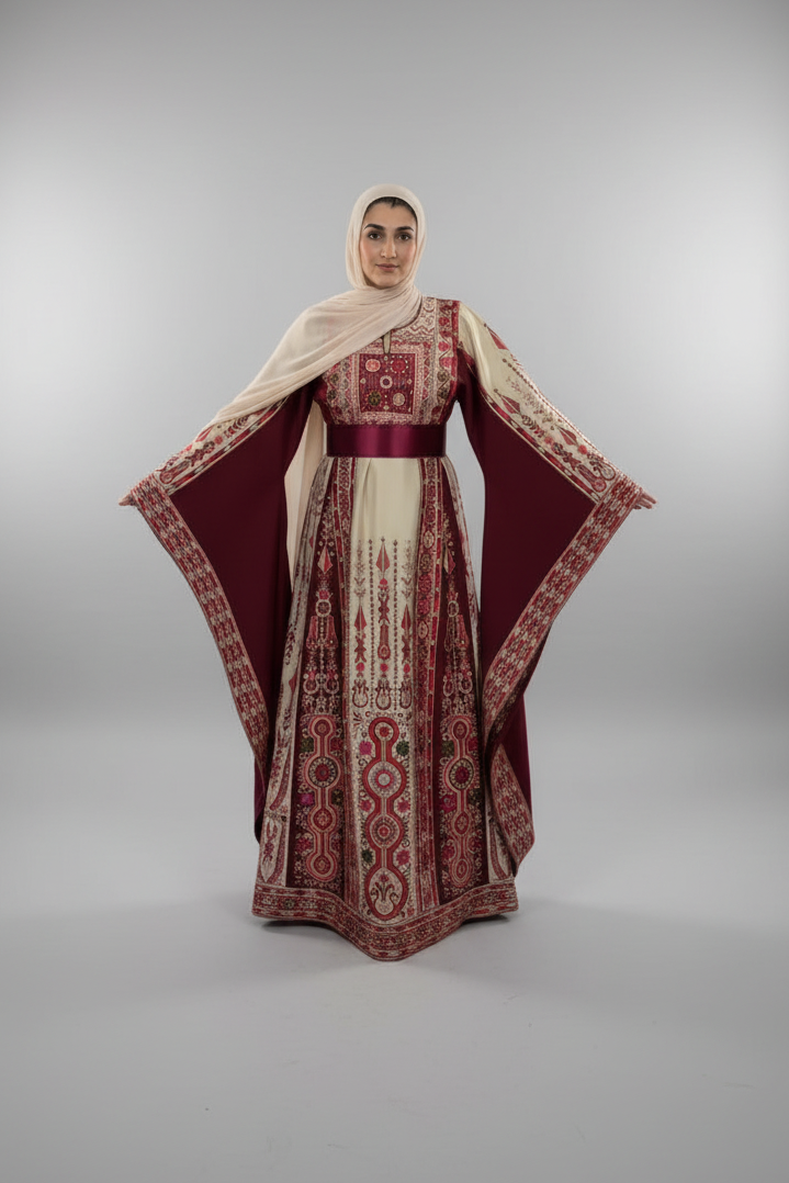The Celine Thobe - Majestic | Burgundy & Beige | Palestinian Tatreez Thobe/Dress
