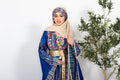 The Celine Thobe - Palestinian Embroidered Blue & Golden Thobe with Matching Head Veil, Belt & Extra Long Sleeves | Traditional Tatreez Dress