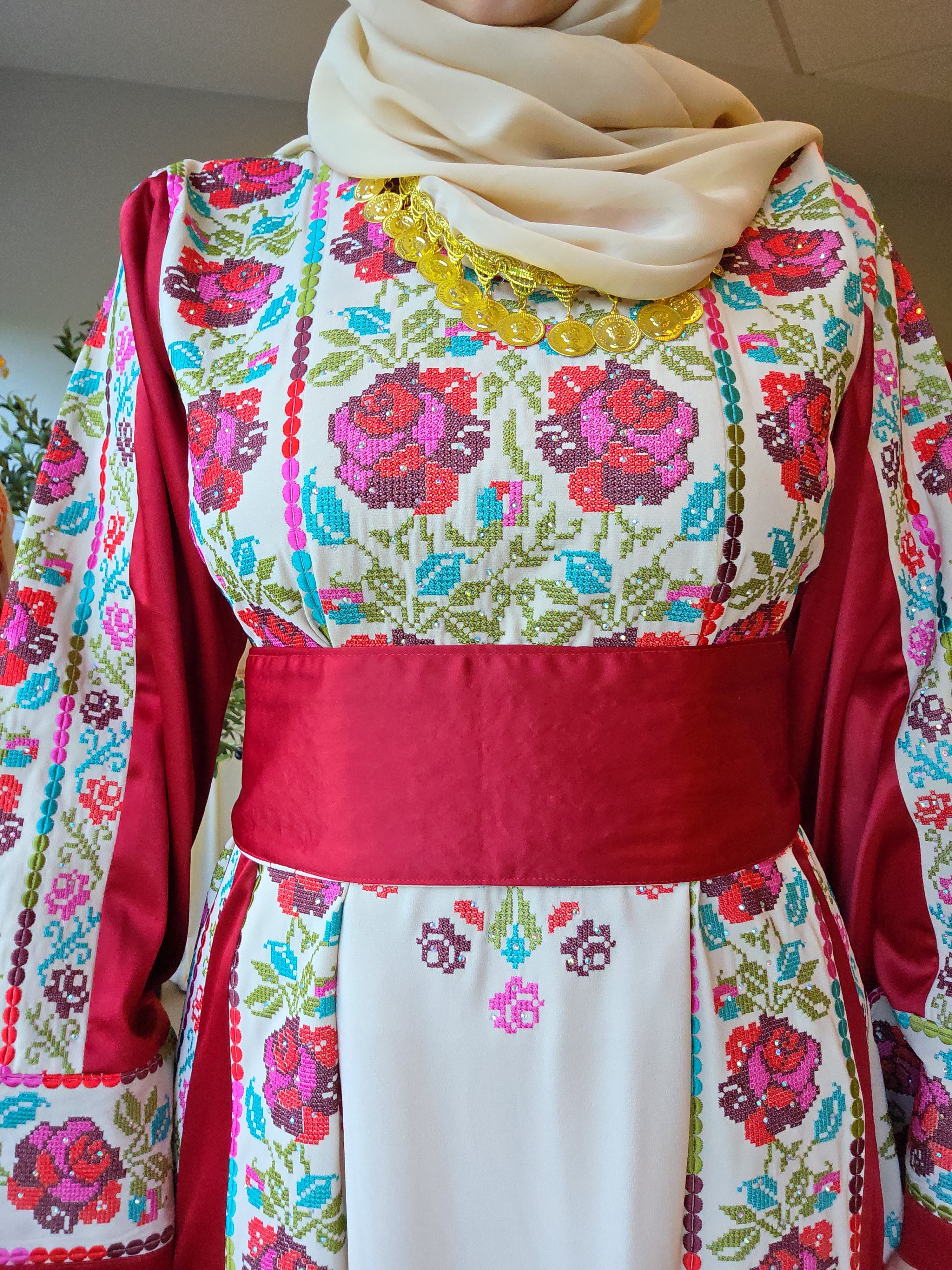 The Warda Thobe - Burgundy Traditional Full Tatreez Back and Front With Satin Thobe