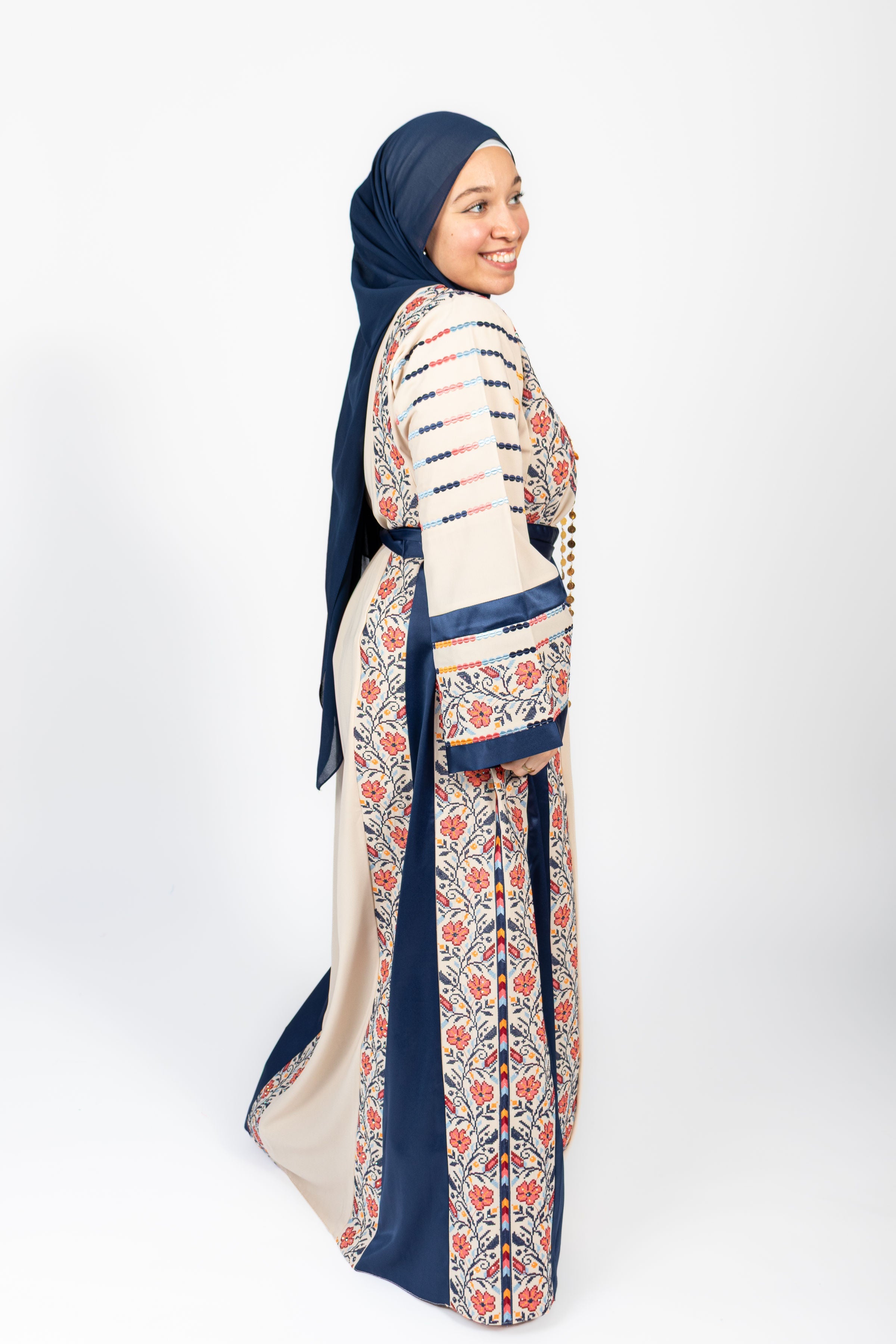 The Amal Thobe - Blue & Beige Diamond Traditional Full Tatreez Back and Front Thobe