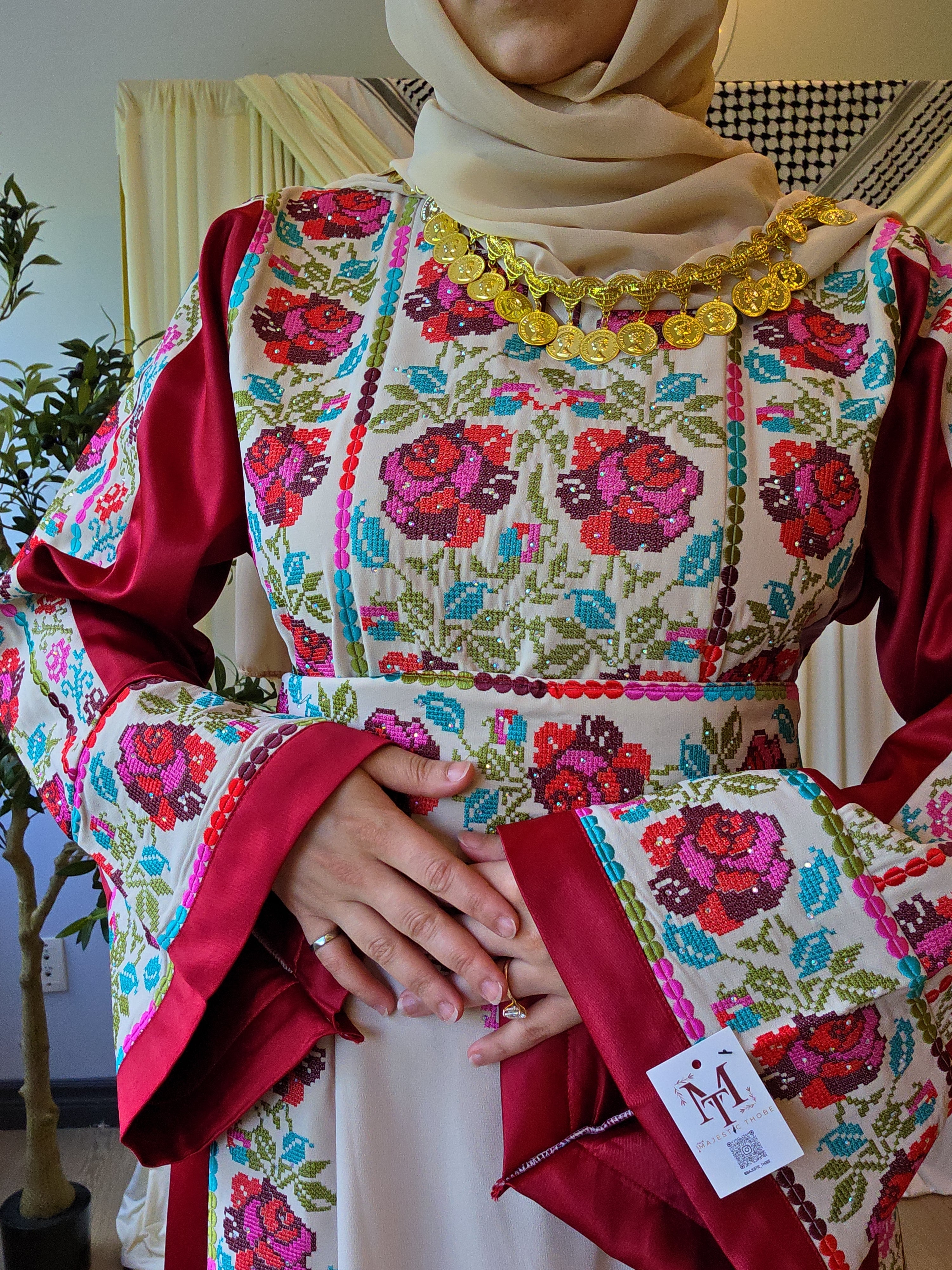 The Warda Thobe - Burgundy Traditional Full Tatreez Back and Front With Satin Thobe