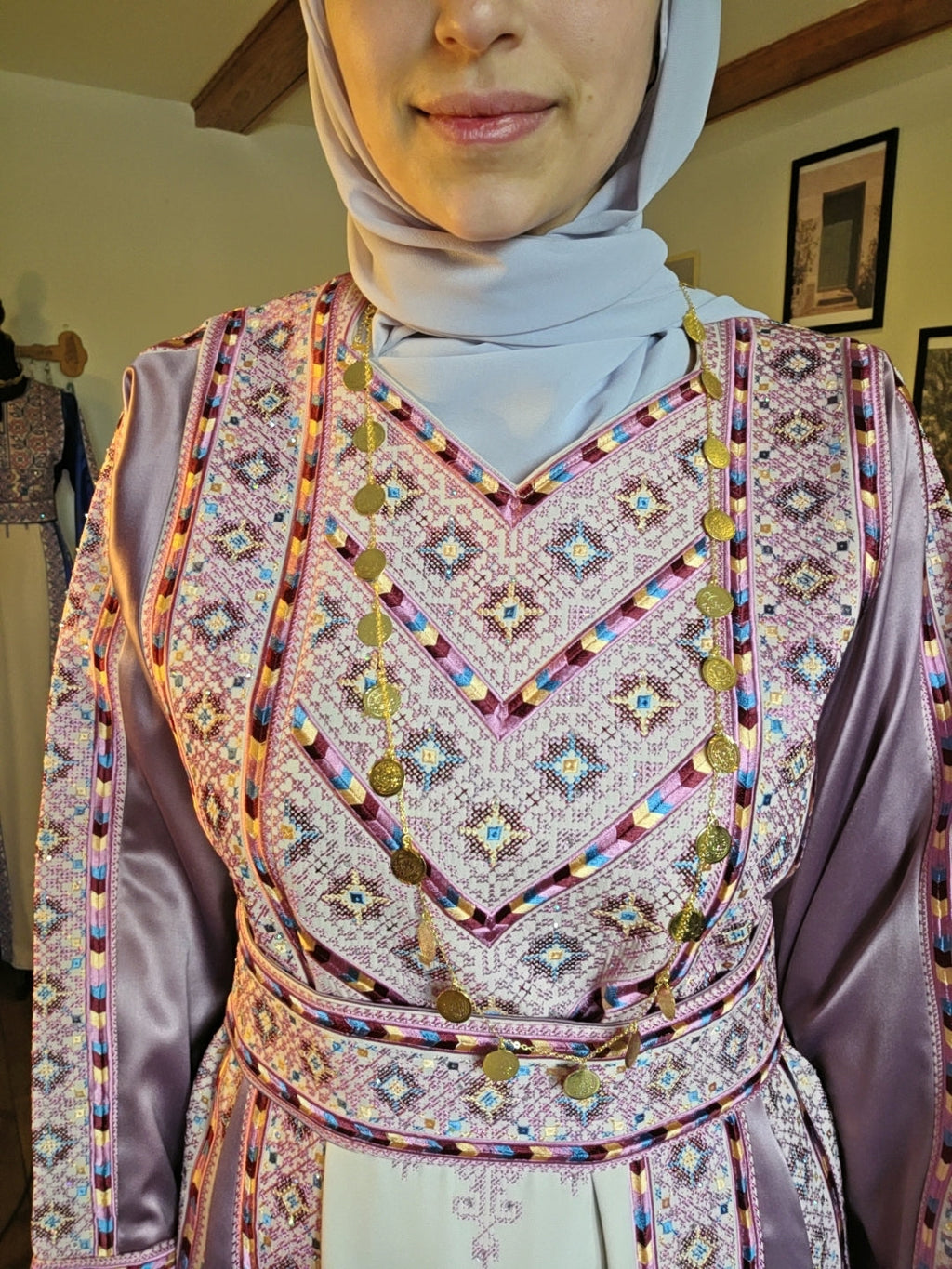 The Nabuls Thobe - Lilac and Beige Traditional Full Tatreez Thobe ( No veil)