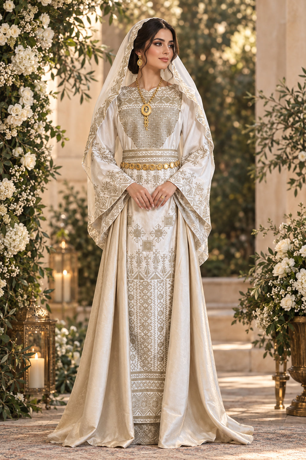 The Leen Thobe - Luxurious | Golden & White | Palestinian Tatreez Thobe/Dress