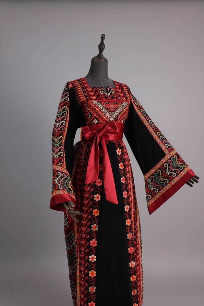 The Reema Thobe – Luxurious Black & Red Sparkle Full Tatreez Palestinian Embroidered Thobe