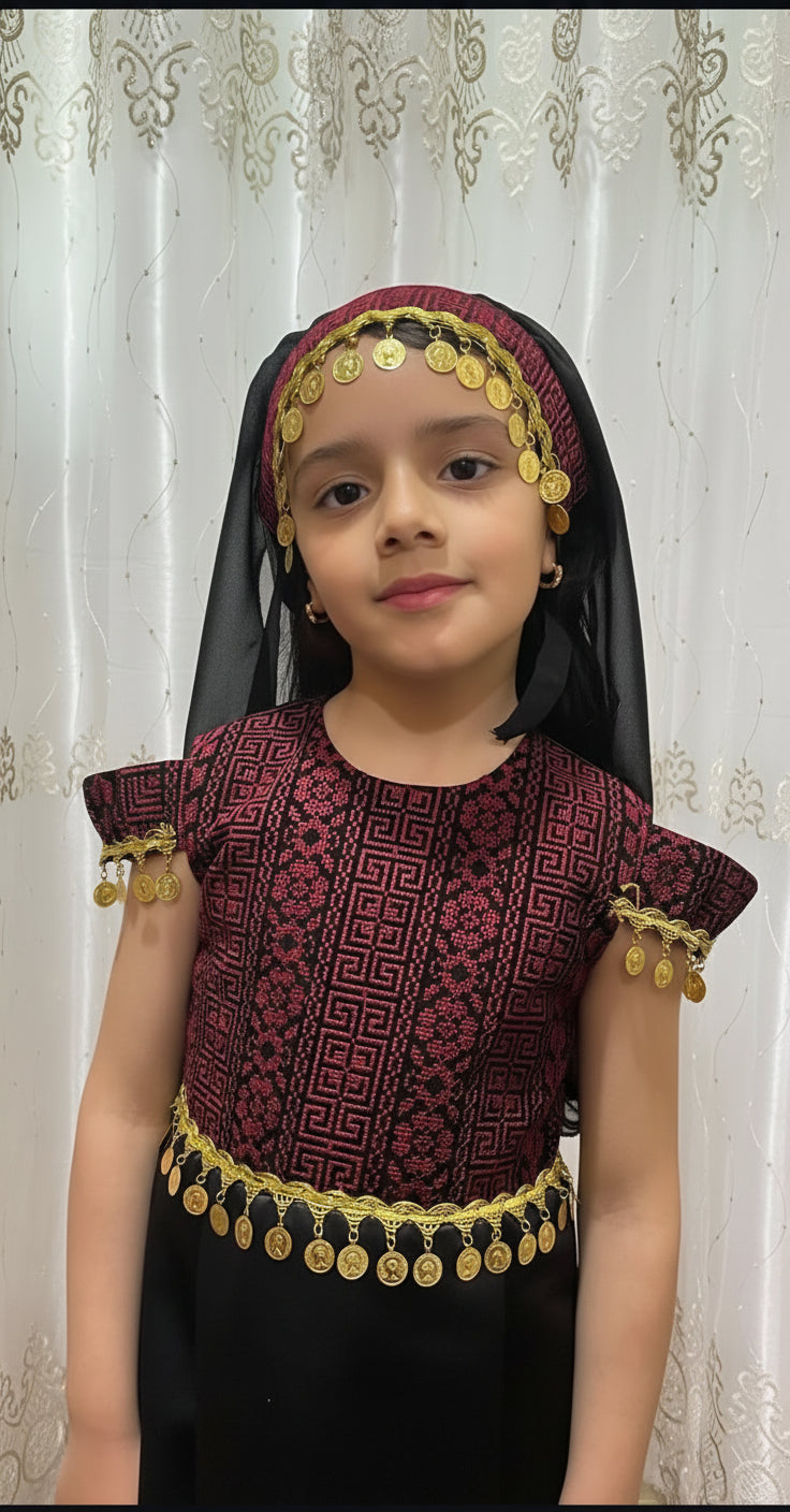 Kids Black & Pink Sleeveless Full Embroidered Palestinian Thobe with head Veil