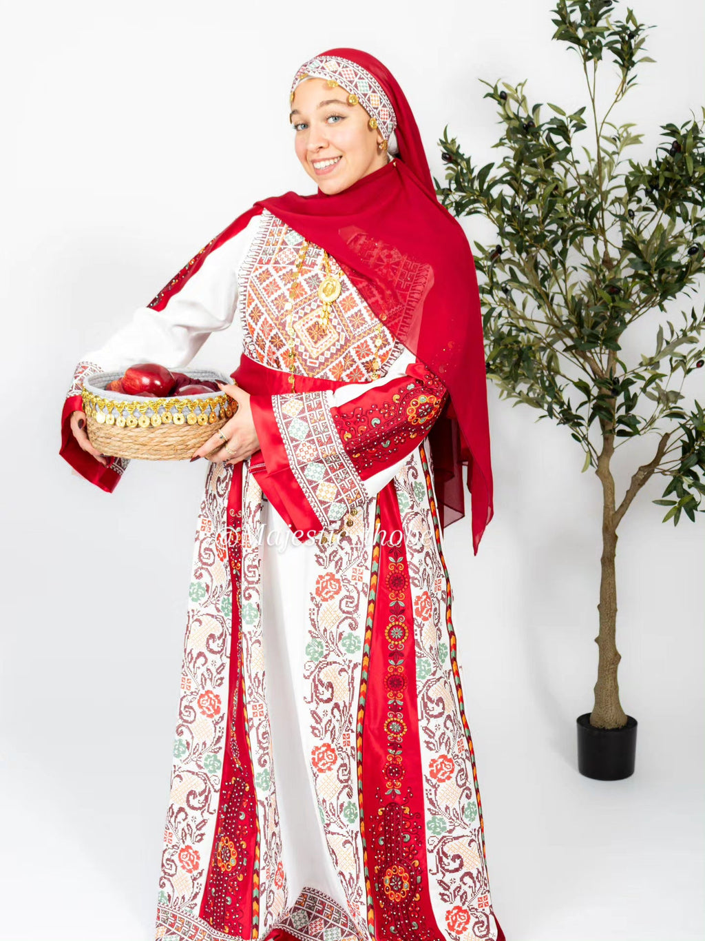 The Nisma Thobe - Bridal White and Red Traditional Full tatreez Back and Front Thobe With Matching Head Veil
